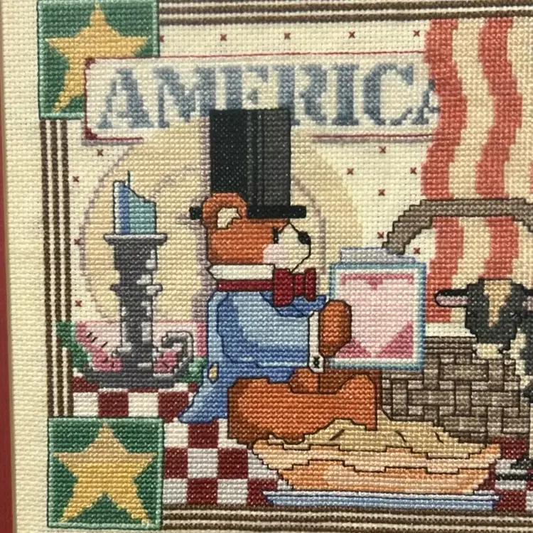 Cross Stitch America Theme, 14x12, Professional Frame, Cottage Core, Americana, Primitive Decor