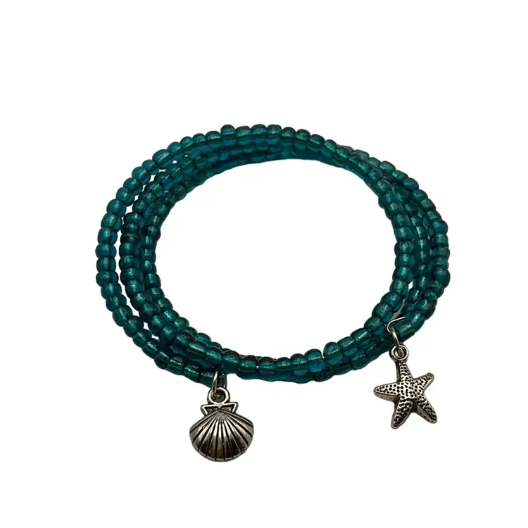 Handmade Wrap/Expandable Bracelets, Turquoise/Pewter, Glass/Ceramic Bead, Silver Tone Charms, Elephant and Shells. Set Of 2