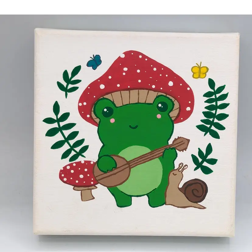 Frog and mushroom acrylic On Canvas Whimsy Painting 
Save