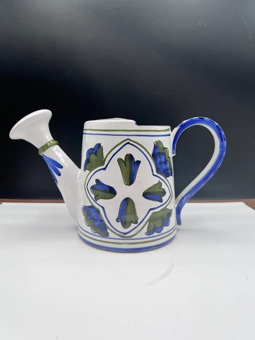 #1059-B Vintage Redware/Ceramic Watering Can.  Blue And Green on White Hand Painted Jay Willfred Made In Italy