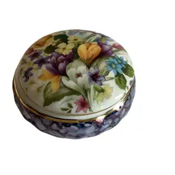 Floral Trinket Lidded Dish Hand Decorated 3.5” Round 2” Tall
