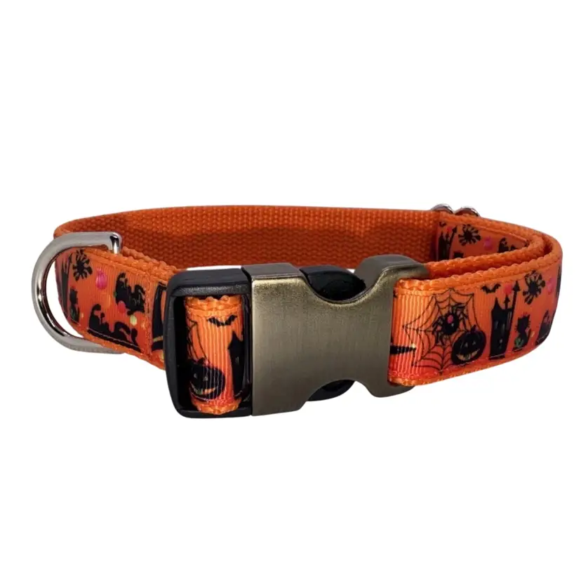 Dog Collar Spooky Fall Halloween Orange Large Handmade Heavy Duty W/Buckle NEW