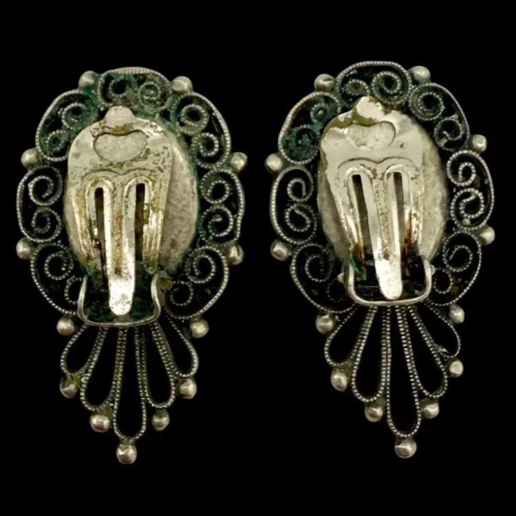 Micro Mosaic Filigree Floral Flower Clip On Earrings 1 1/4"