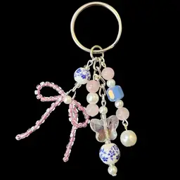 Handmade By Me - Pastel Pink & Blue Bead Keychain, Cute Sparkly Blue And Pink Seed Bead Bow Keychain, Handmade Keychain, Handmade Bag Charm, Cutesy Pastel Pink And Blue Bag Charm, Coquette Style Bag Charm, Made By NN Artist, Glass Charms