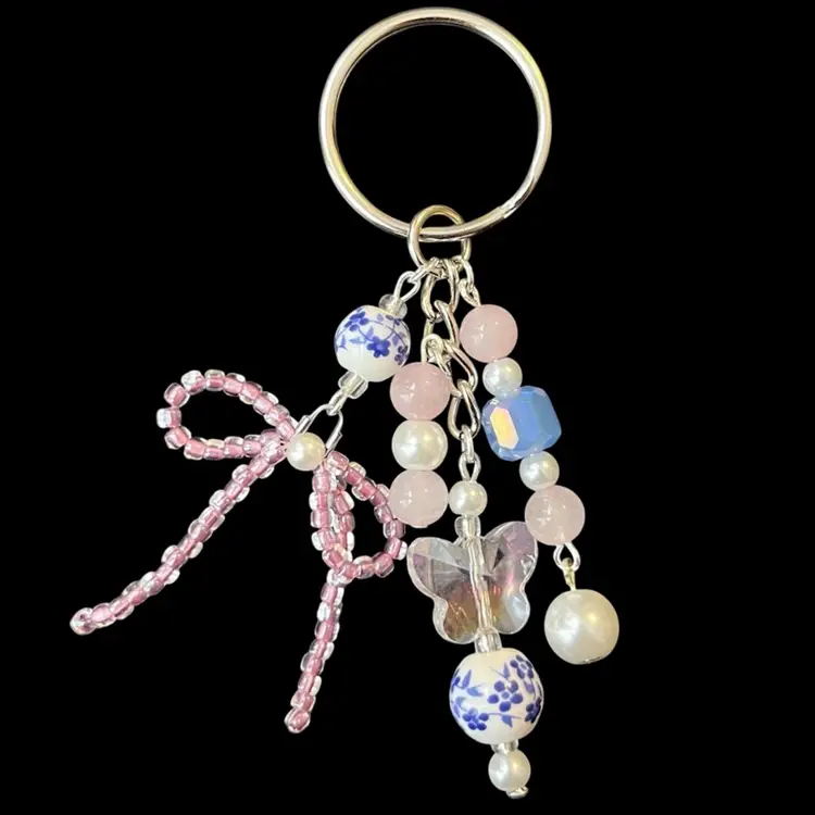 Handmade By Me - Pastel Pink & Blue Bead Keychain, Cute Sparkly Blue And Pink Seed Bead Bow Keychain, Handmade Keychain, Handmade Bag Charm, Cutesy Pastel Pink And Blue Bag Charm, Coquette Style Bag Charm, Made By NN Artist, Glass Charms