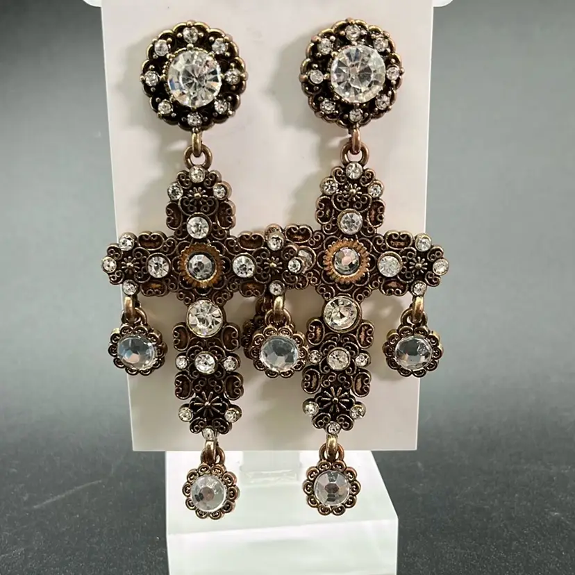 Beautiful Rhinestone Cross Earrings, Dangle, Pierced, 3” Long