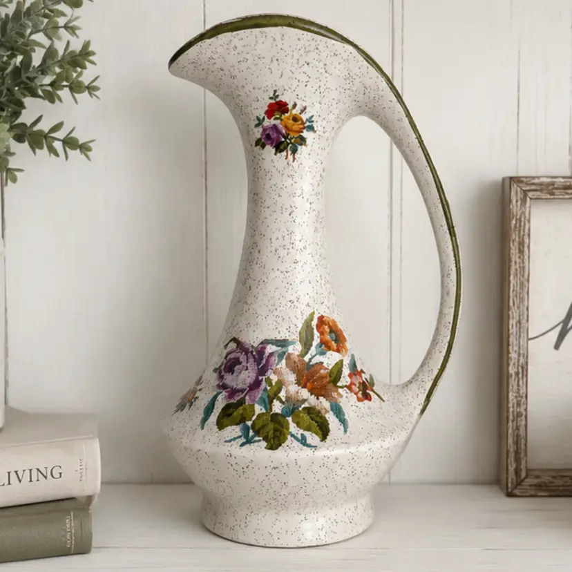 BTT - Vintage Ceramic Pitcher Vase Speckled Cross Stitch Floral Transfer