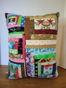Vintage Handmade Quilted Patchwork Pillow Cross Stitch Birds  Log Cabin Pattern