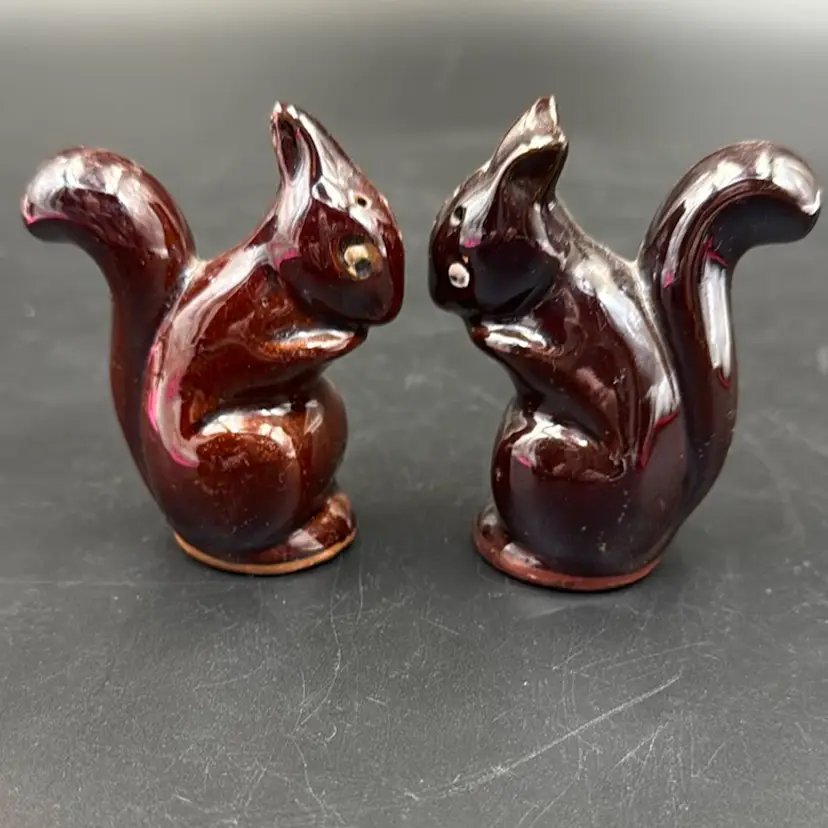 Vintage Squirrel, Salt And Pepper Shaker Set Glazed Brown Stoneware 3 Inches Cork Stoppers