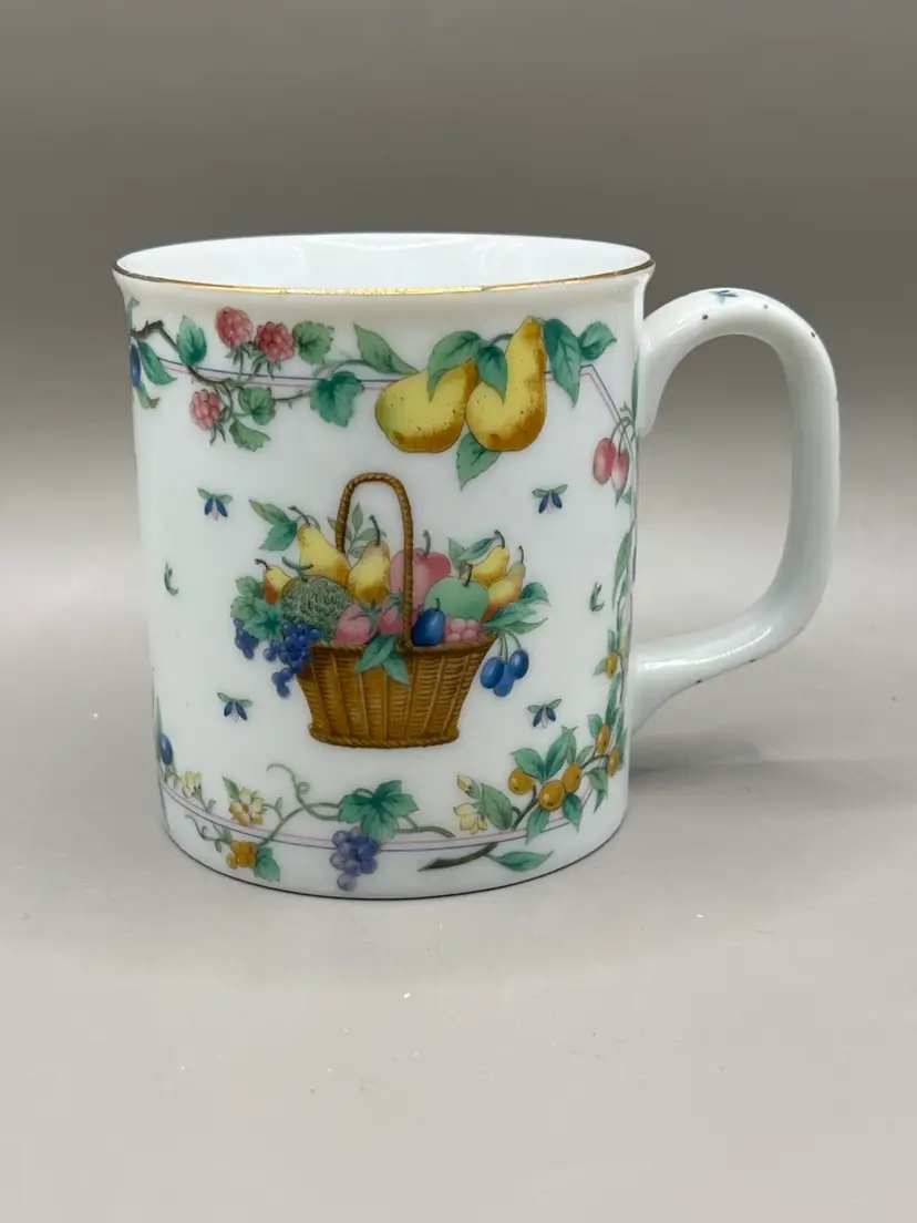 Vintage Otagiri Porcelain Fruit Basket Small Mug Gold Trim 3.5”