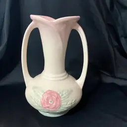 VTG Hull Art Pottery Pink/Yellow Open Rose Pattern Double Handle Vase (133) 6.5”