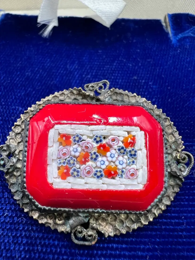 Mega-Micro-mosaic-mini…multicolor Mini Flowers 1” Wide With Silver Tone Metal Scroll Edge Base
