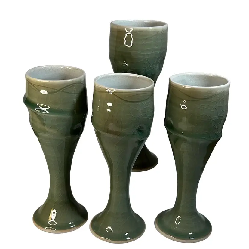 Set Of 4 Handmade Artisan Signed Pottery Goblets