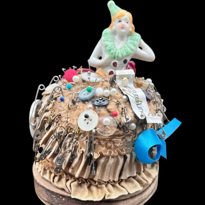 #204A Vintage Porcelain Half Doll Pin Cushion  Pirouette Clown Costume and a Fancy Victorian Hoop Skirt Full of Many Pins, Buttons, Hat Pins and Even Some Old Garment Tags From Past Project’s