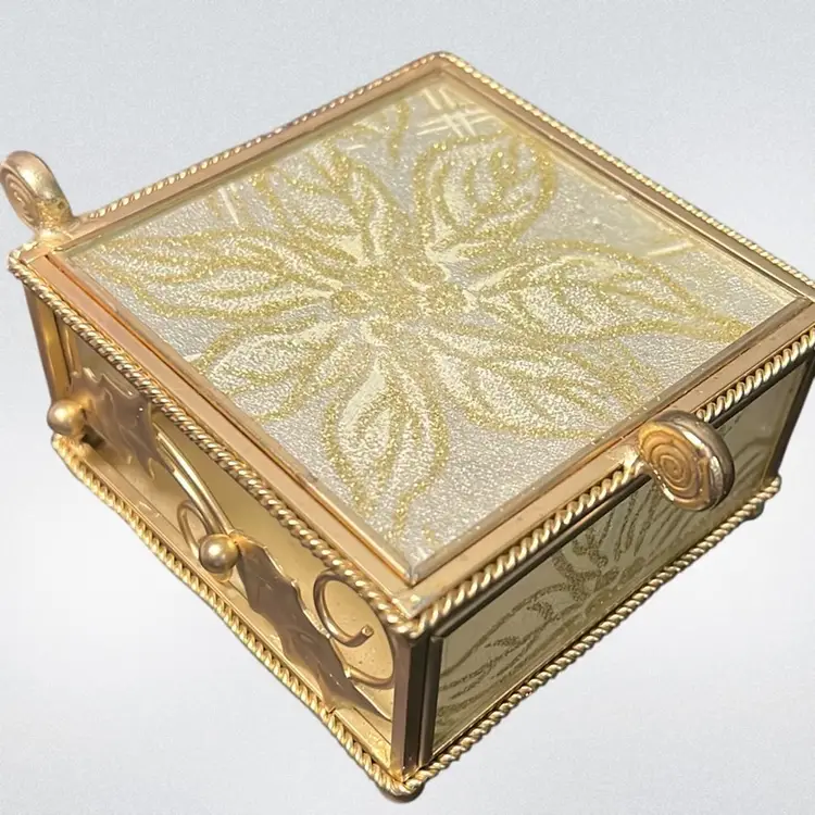 Brass And Glass Trinket Box With Gold Floral Details 2.5” Square, Hinged Lid. Great Christmas Gift Container/box