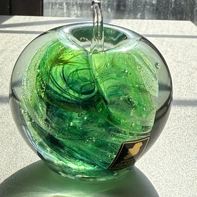 Kerry Glass Ireland Emerald Green Swirl Glass Paperweight 2.25”