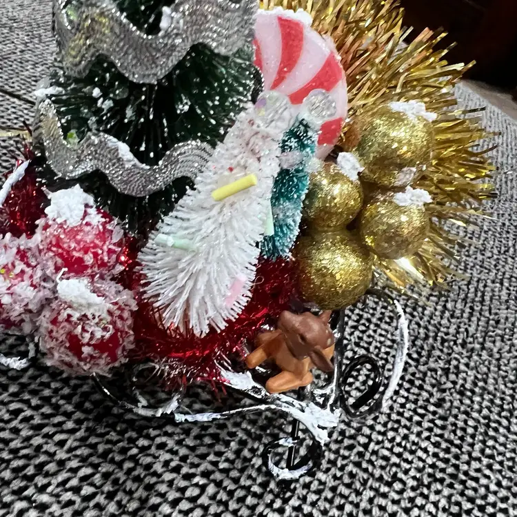 Made By Me Whimsy Christmas Assemblage Small Bottlebrush Holiday Tabletop Decor Glitter