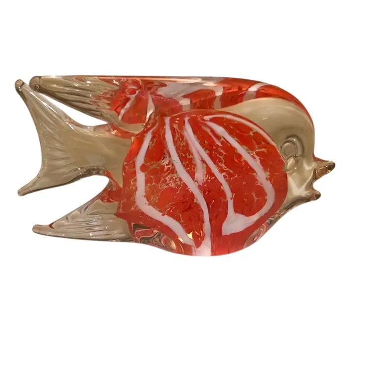 Taiwan Art Glass Fish Paperweight Orange & White 4.5”