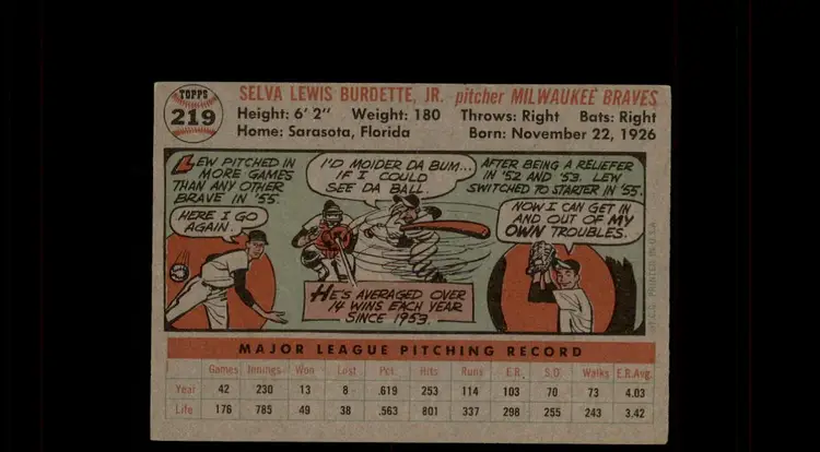 1956 Topps #219 Lew Burdette - (pk-tl2) - Milwaukee Braves