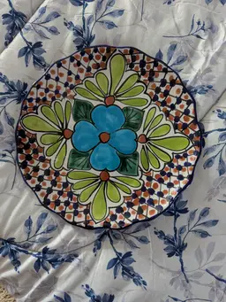 Talavera Blue Flower T Ruth Signed Wall Plate Mexico Folk Art Pottery 11" Boho Decor Colorful