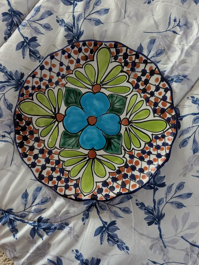 Talavera Blue Flower T Ruth Signed Wall Plate Mexico Folk Art Pottery 11" Boho Decor Colorful
