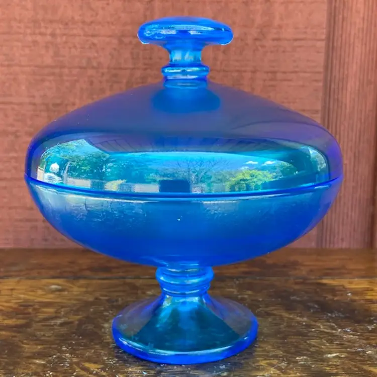 Blue Stretch Glass, Covered Dish. 5”h. Green Glow Under UV Light. (Could be Fenton #743, Celeste Blue.)