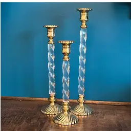 Vtg Trio Of Gorgeous Brass & Twisted Lucite Candlesticks ~ Hollywood Regency