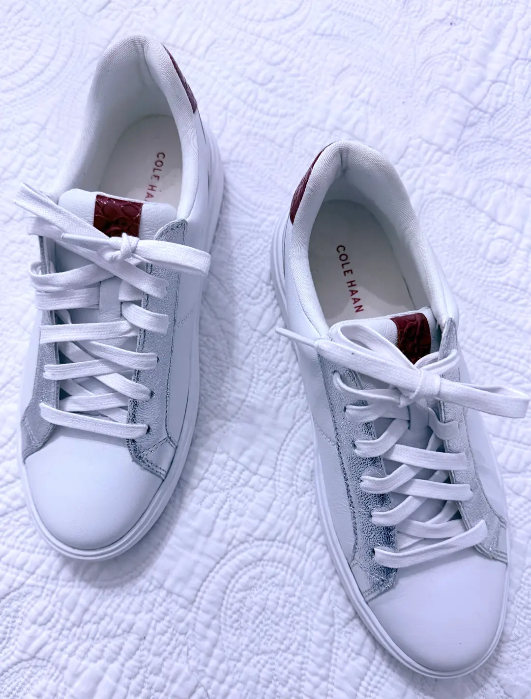 Cole Haan White Leather Sneakers with Silver and Red Accents