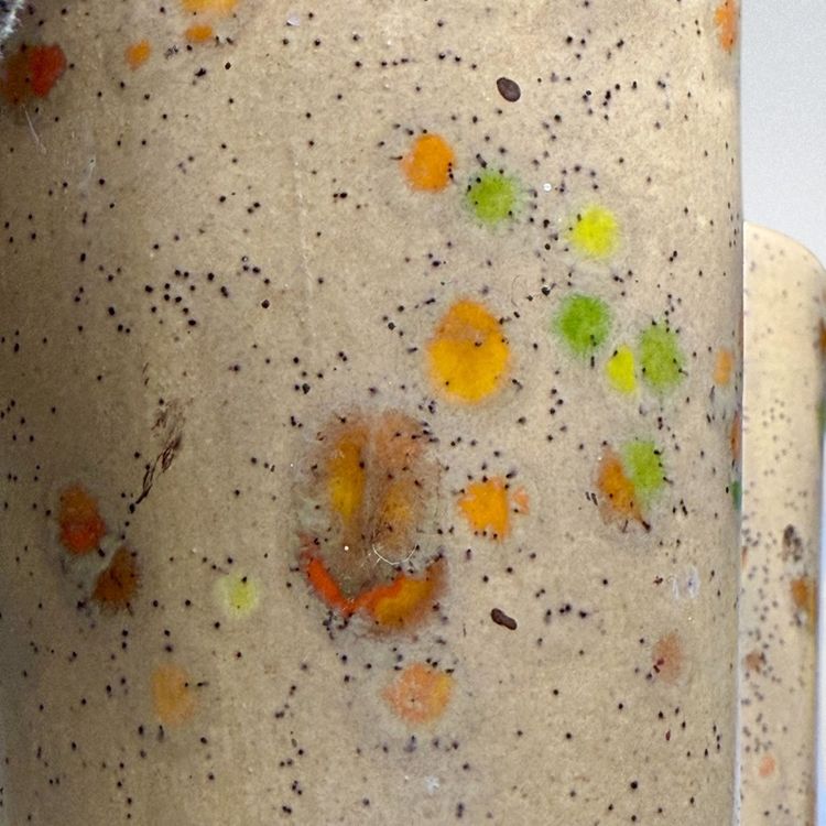 Vtg Studio Pottery Double Wedding Vase Splatter Ware Signed Cottage Core Multicolor Orange Green Brown 
7” T x 5-3/4” L x 3” W