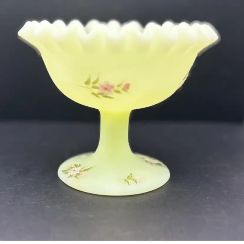 Vintage Fenton Hand Painted Vaseline/Custard Glass Compote Dish - Signed, Glows