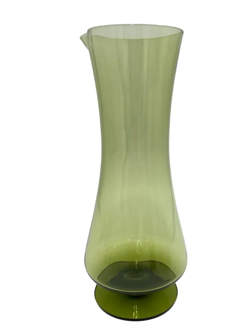 Vintage Blown Glass Empoli (?) Pitcher Vase, Avocado Green, Pedestal Base, 10.3"