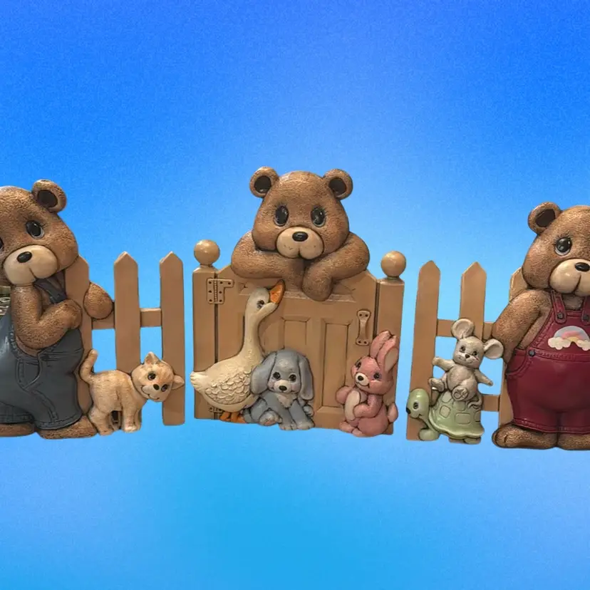 Vintage 3- Piece Ceramic Whimsical Nursery Wall Plaques Bears & Friends-1980's