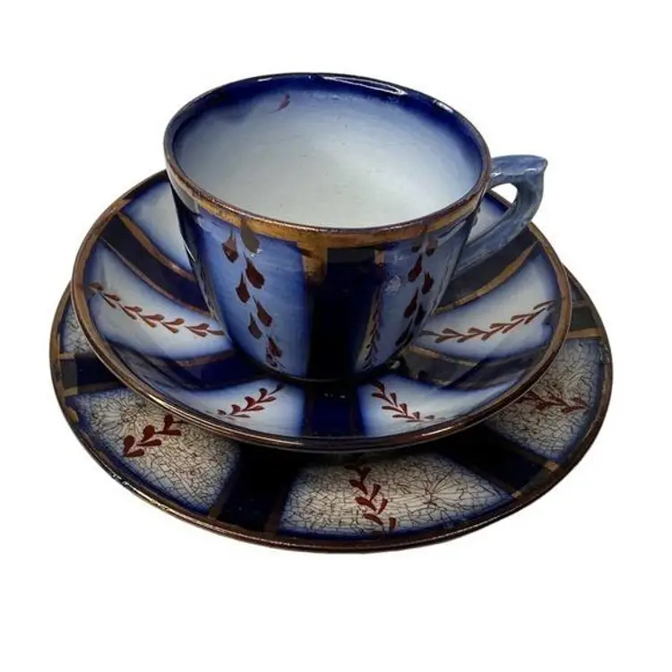 Allerton Childs Gaudy Flow Blue Wagon Wheel Staffordshire Tea Cup 3 piece C 1870