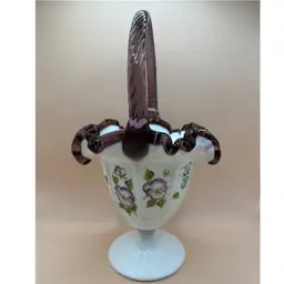 Fenton Plum Crest Hand Painted Pansy Milk Glass Basket 12”