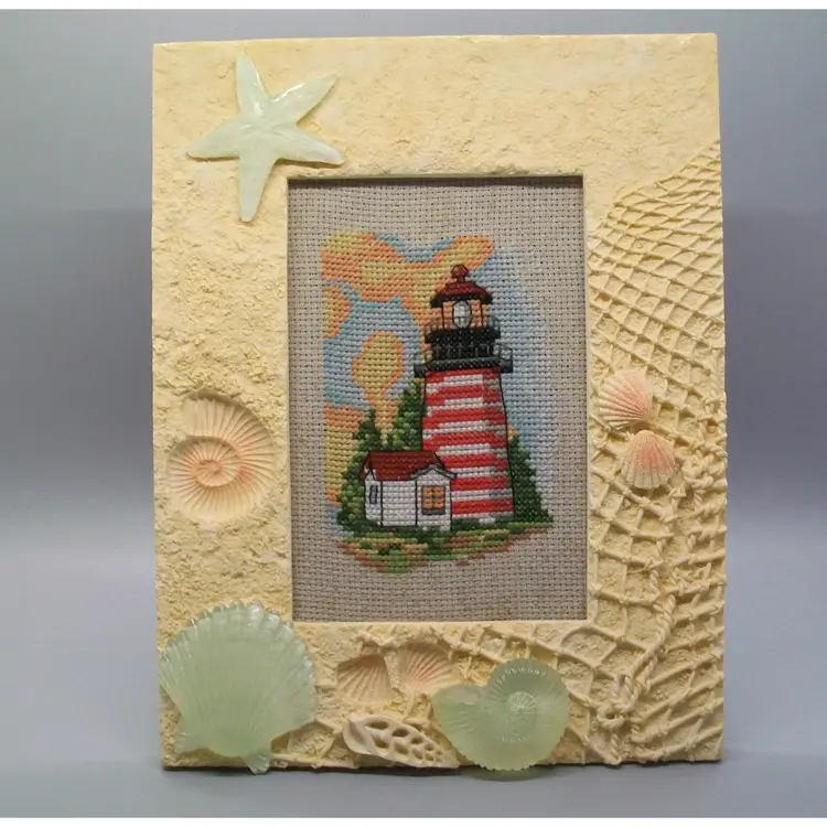 Cross Stitch Red White Stripe Lighthouse in Seashell Frame 7.25" x 9.25"