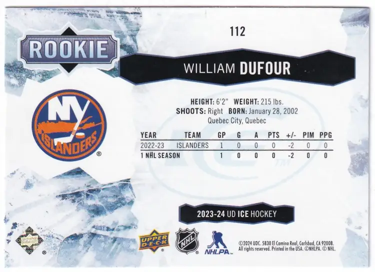 2023-24 Upper Deck Ice #112 William Dufour RC New York Islanders Hockey Card