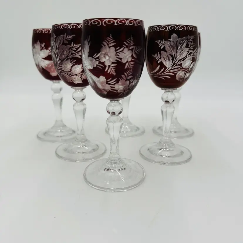 Bohemian Czech Cranberry Cordial Glasses Cut Etched Set 6 Pieces 5in Vintage