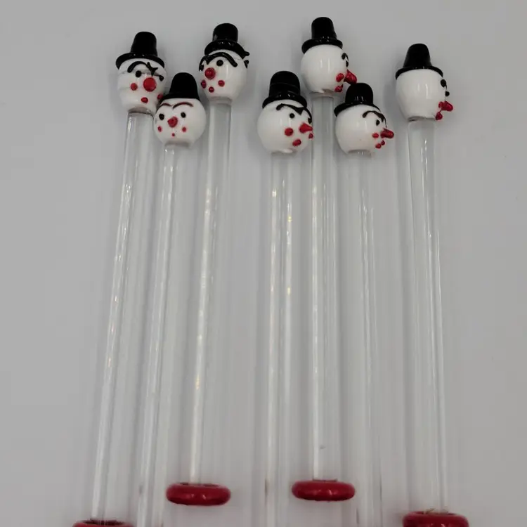 Angry Snowman Glass Swizzle Stir Stick With Red Button Bottoms