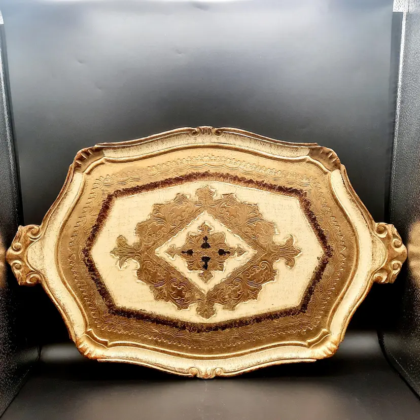Vintage Florentine Ornate Gold Gilt Large Handled Tray Italy Neiman Marcus