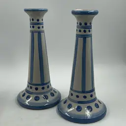 Vintage MA Hadley Candle Stick Holders Blue And White With A Stripe And Polka Dot Design 9” Tall. Base Is 4.5” Wide