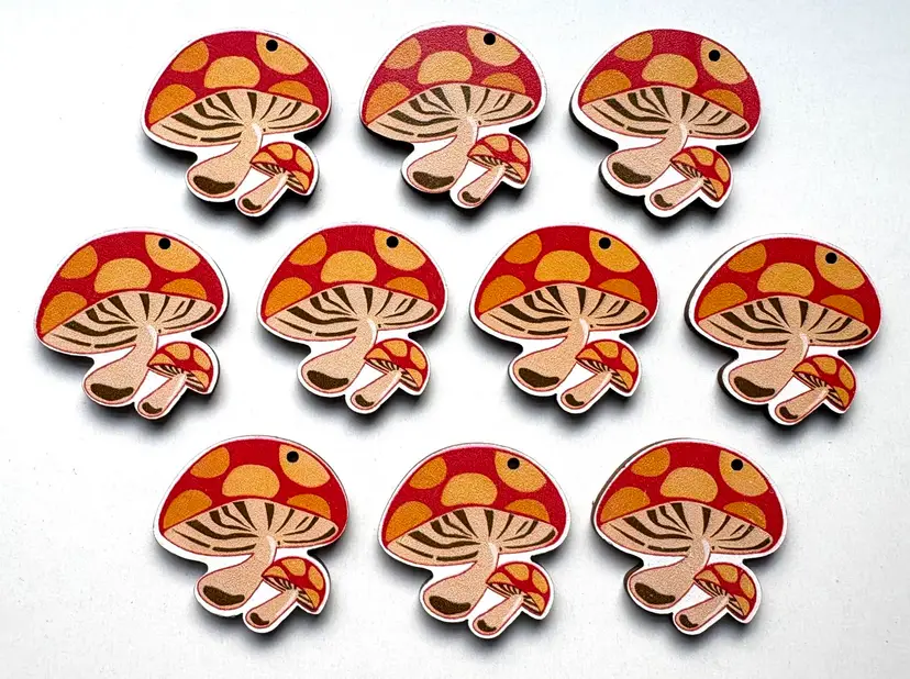 10 Mushroom Pendants - Jumbo Printed Wood