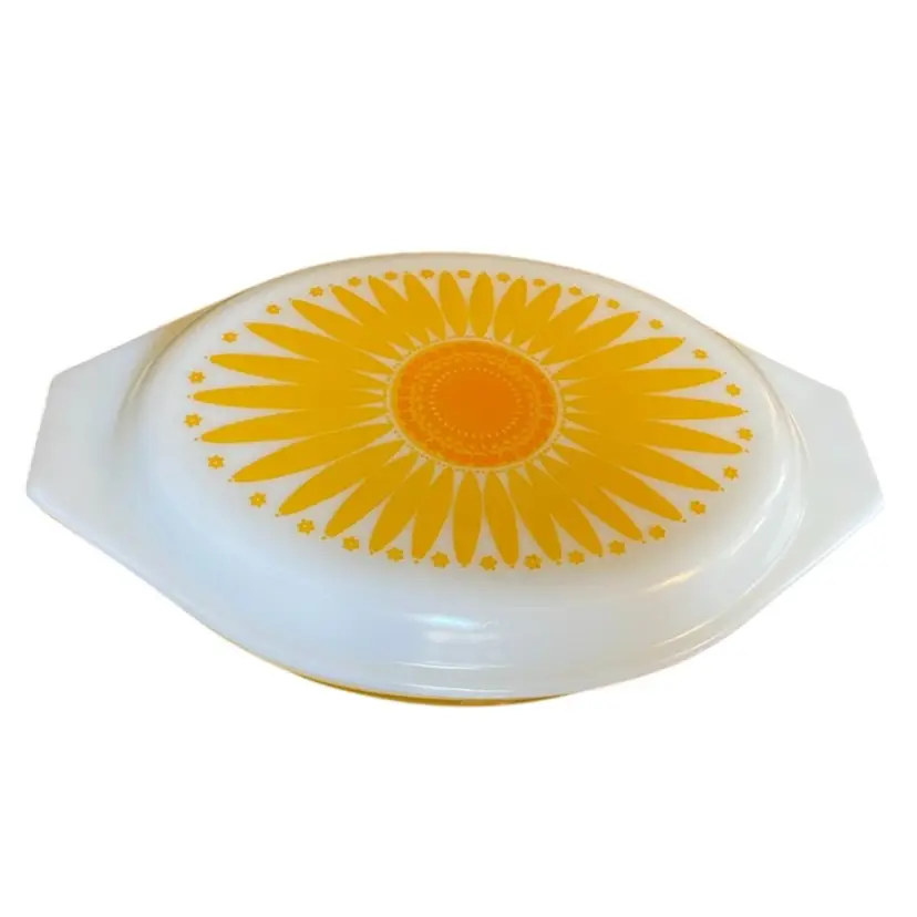 Vintage PYREX Daisy Sunflower 1-1/2 QT Oval Divided Casserole Baking Dish w Lid
