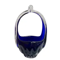 BLOWN GLASS BASKET VASE Cobalt Blue Flat Polished Bottom