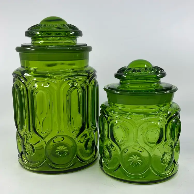 LE Smith Moon & Stars Emerald Green Canister Pair 9.5H 5Dia & 7H 4.5Dia