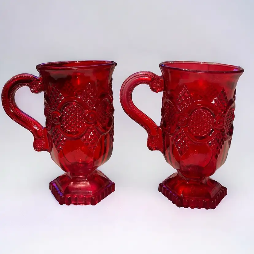 Avon 1876 Cape Cod Ruby Red Glass Pedestal Drinking Cup Mug Vintage Set of 2