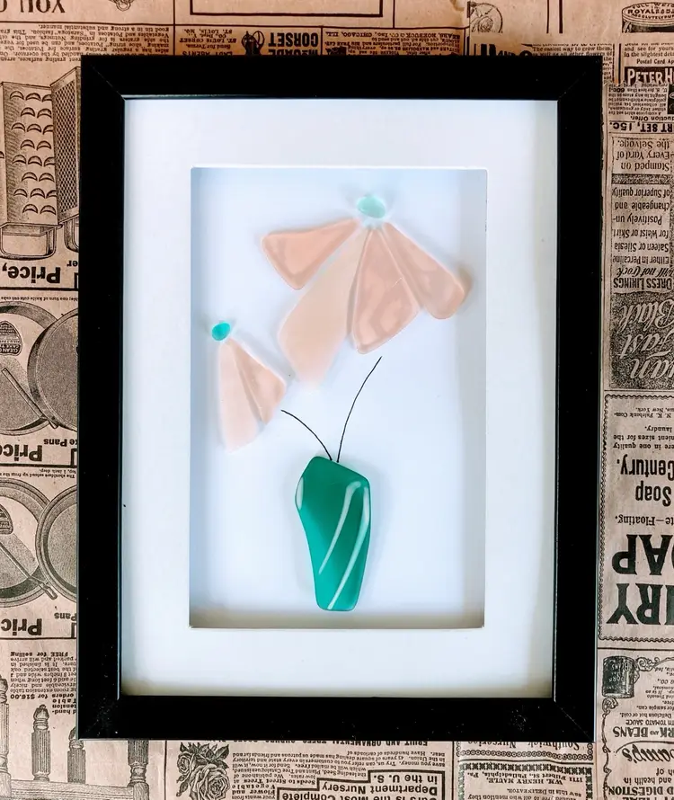 Vintage Reimagined Art Glass Flowers In Vase Framed