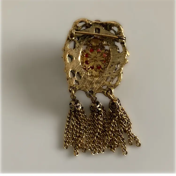 Gold Tassel Floral and Amber Rhinestone Brooch Pin