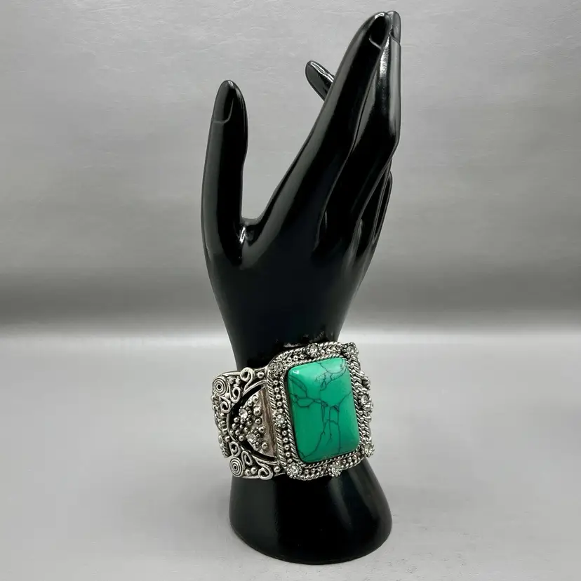 Silver Tone Cuff Bracelet Large Faux Turquoise Stone Ornate Western Boho Statement Rhinestones