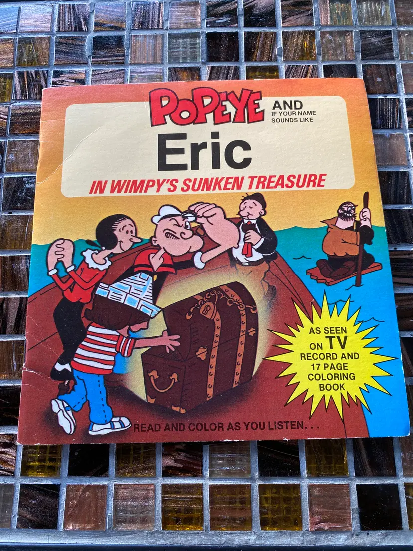 Vintage Popeye Childrens Coloring Book with Record '...In Wimpy's Sunken Treasure' 1980 Personalized 'ERIC'