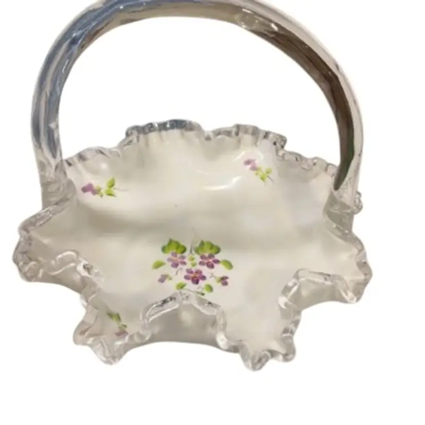 Fenton Basket With Purple Violets Handpainted By B. Thornton. Measures 7.5” H X7”in Circ